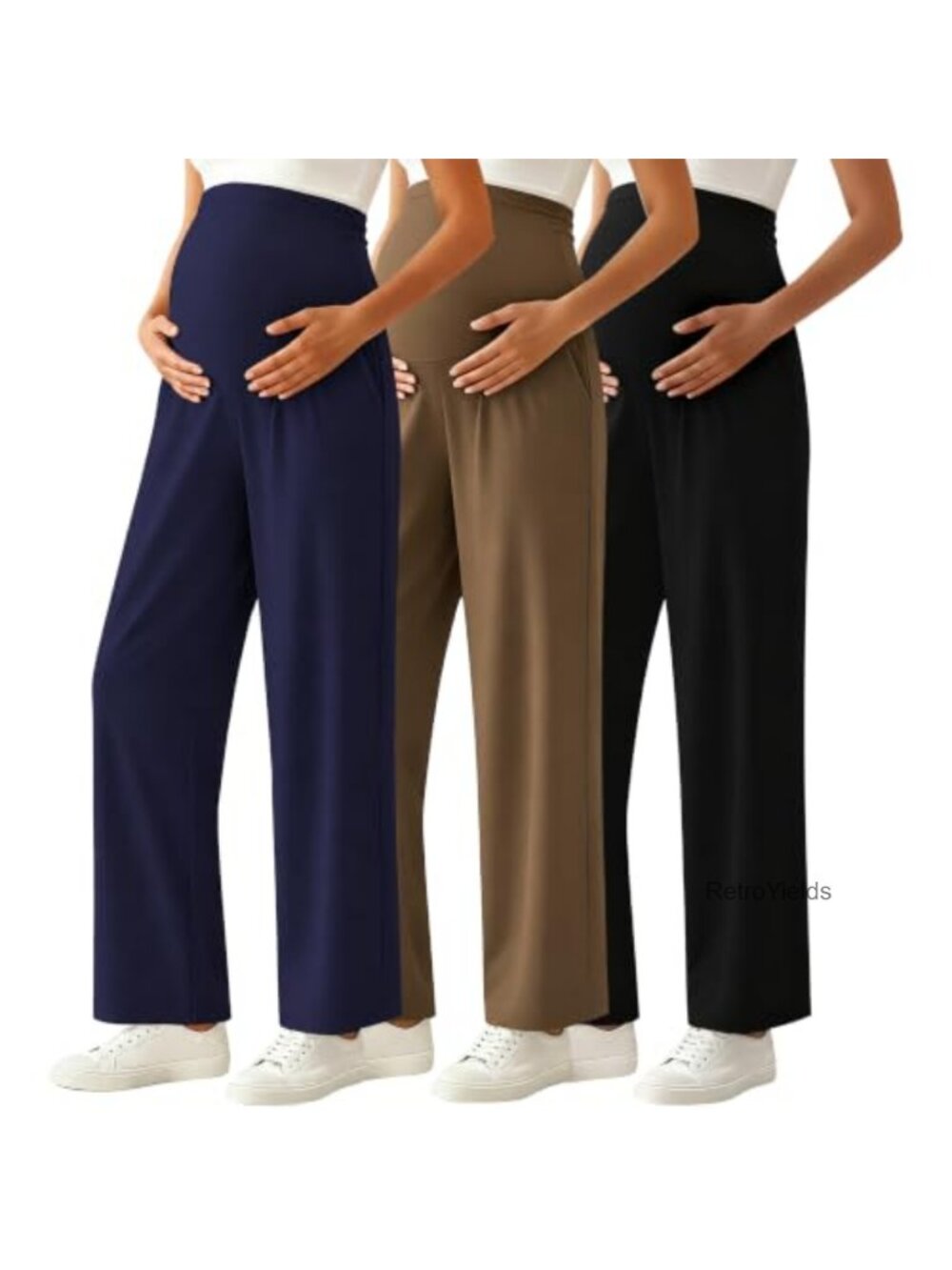Maternity Pants Over Belly 3-Pack Wide Leg Straight Fit Work Lounge